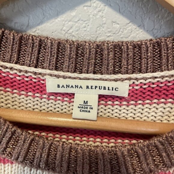 Banana Republic Womens Sweater Medium Pink Cream Stripe Cotton Chunky Knit - Picture 5 of 10